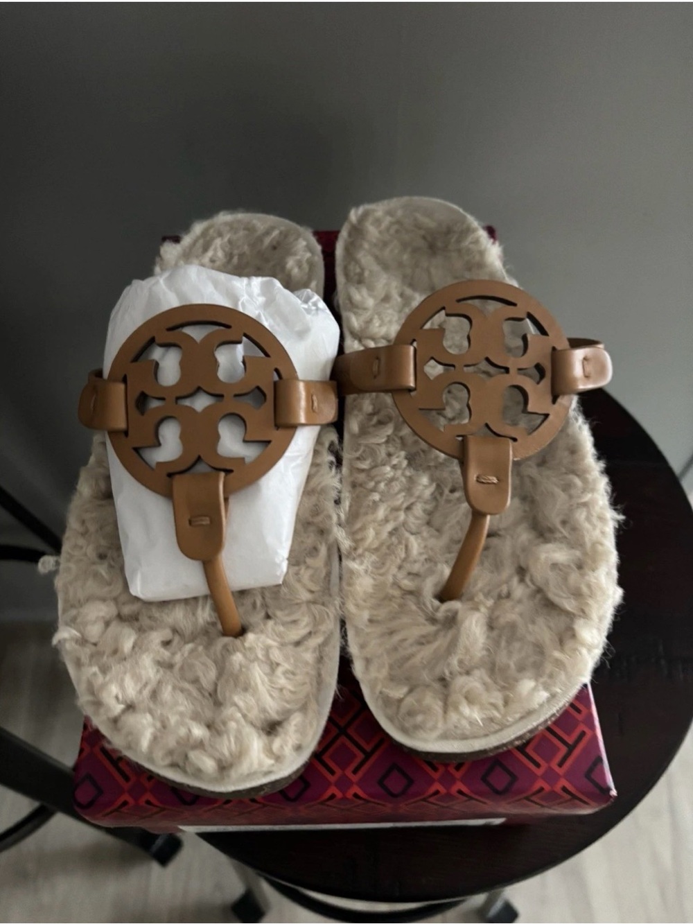 Tory Burch Tan Leather Logo Thong Sandals with Cream Fur Insole
